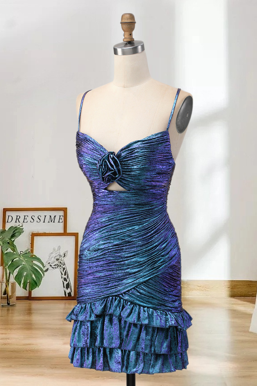 Dressime Fitted Spaghetti Straps Metallic Ruched Keyhole Ruffled Mini Homecoming Dress
