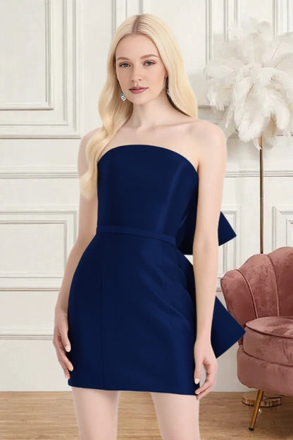 Dressime Fitted Strapless Bow Back Satin Mini Homecoming Dress