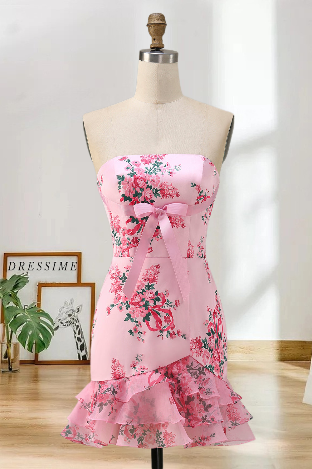 Dressime Fitted Strapless Printed Ruffle Short/Mini Homecoming Dress