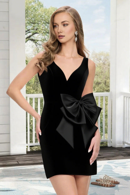Dressime Fitted V Neck Bow Satin Mini Homecoming Dress