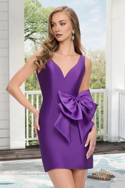 Dressime Fitted V Neck Bow Satin Mini Homecoming Dress