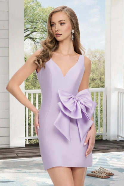 Dressime Fitted V Neck Bow Satin Mini Homecoming Dress