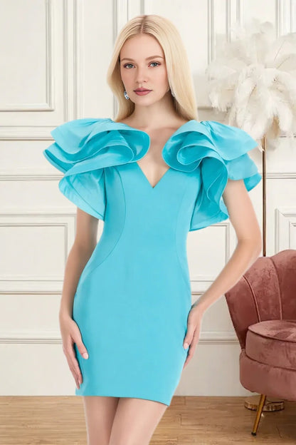 Dressime Fitted V Neck Ruffle Sleeve Mini Homecoming Dress