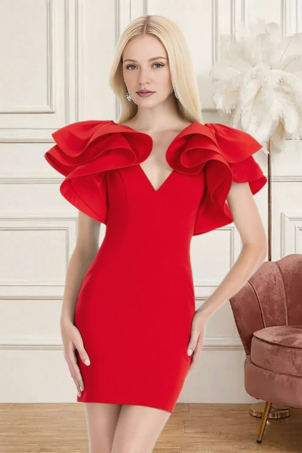 Dressime Fitted V Neck Ruffle Sleeve Mini Homecoming Dress