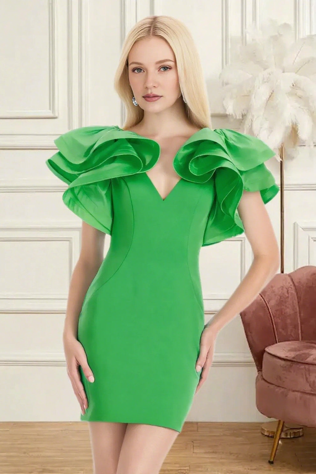 Dressime Fitted V Neck Ruffle Sleeve Mini Homecoming Dress