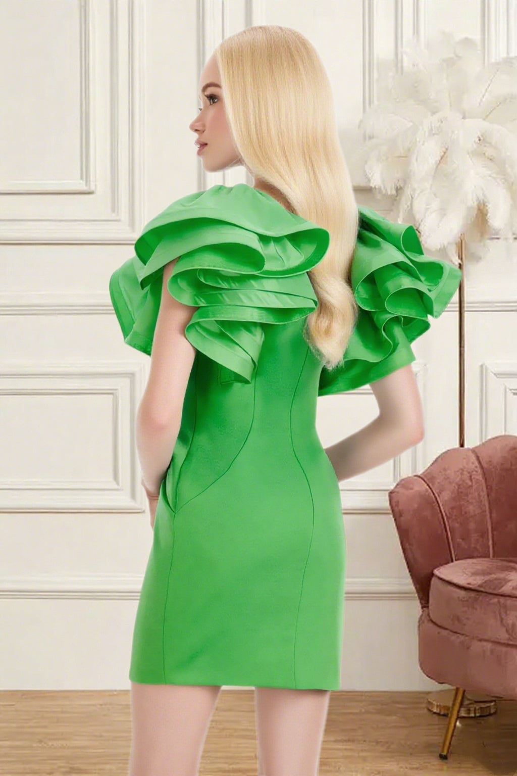 Dressime Fitted V Neck Ruffle Sleeve Mini Homecoming Dress