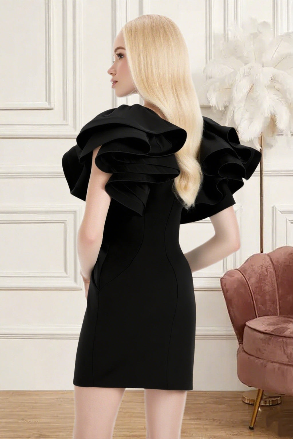 Dressime Fitted V Neck Ruffle Sleeve Mini Homecoming Dress