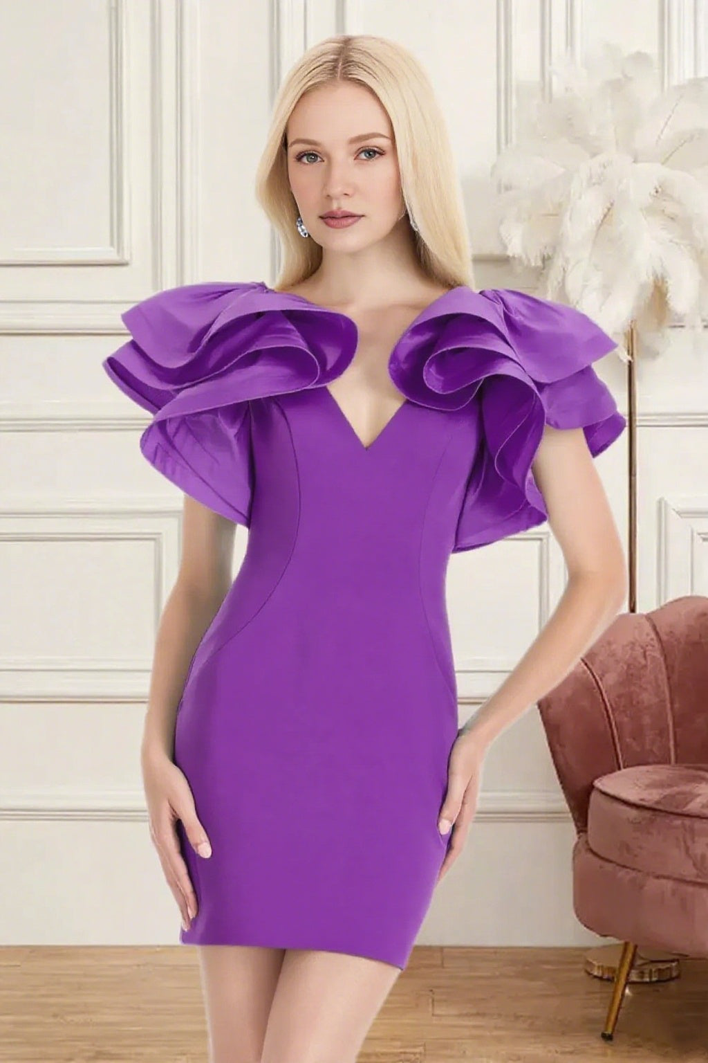Dressime Fitted V Neck Ruffle Sleeve Mini Homecoming Dress