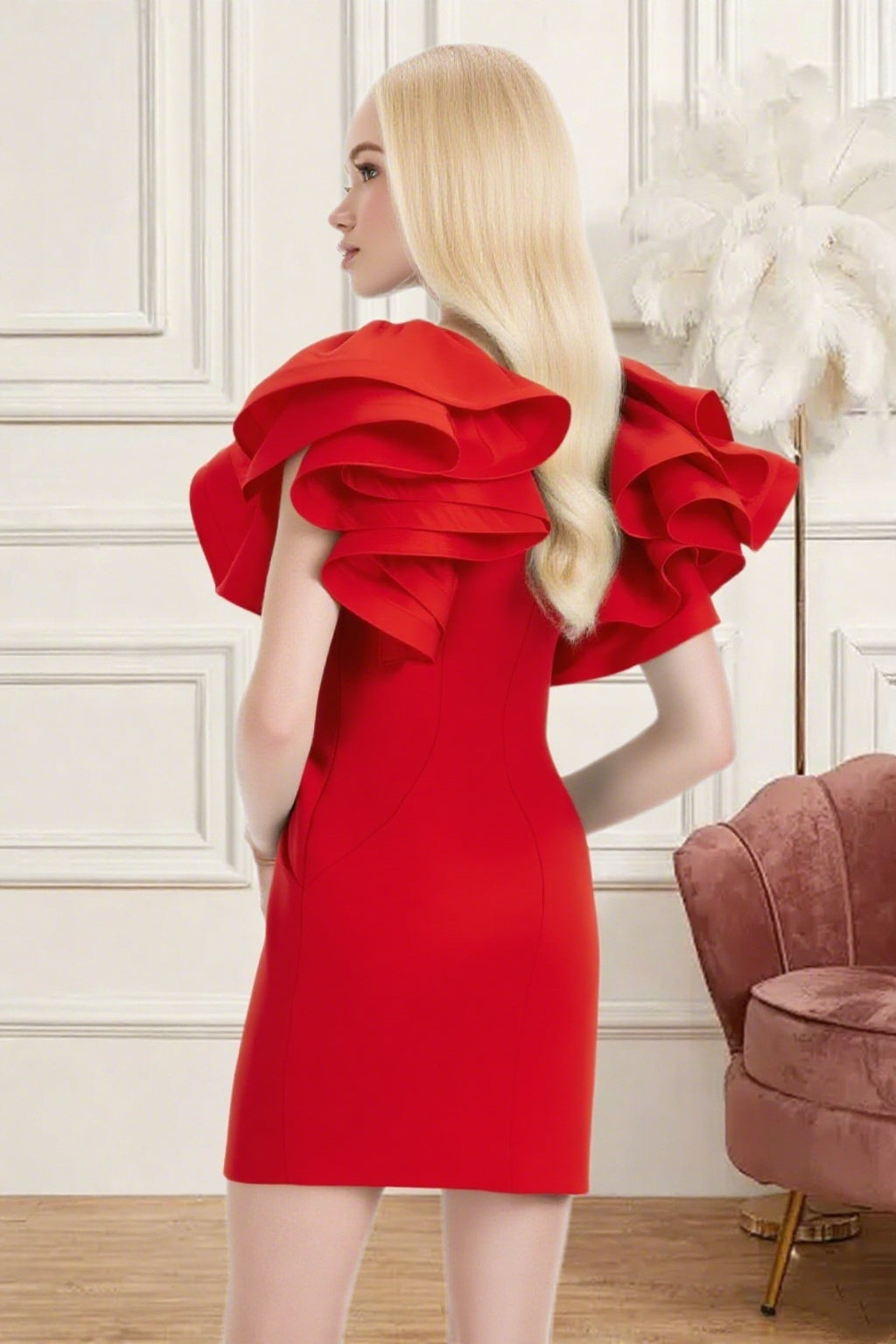 Dressime Fitted V Neck Ruffle Sleeve Mini Homecoming Dress