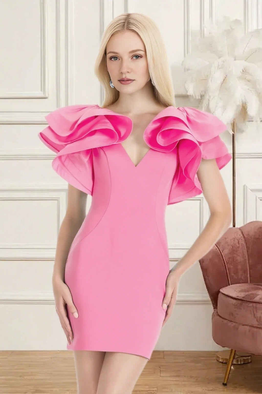 Dressime Fitted V Neck Ruffle Sleeve Mini Homecoming Dress