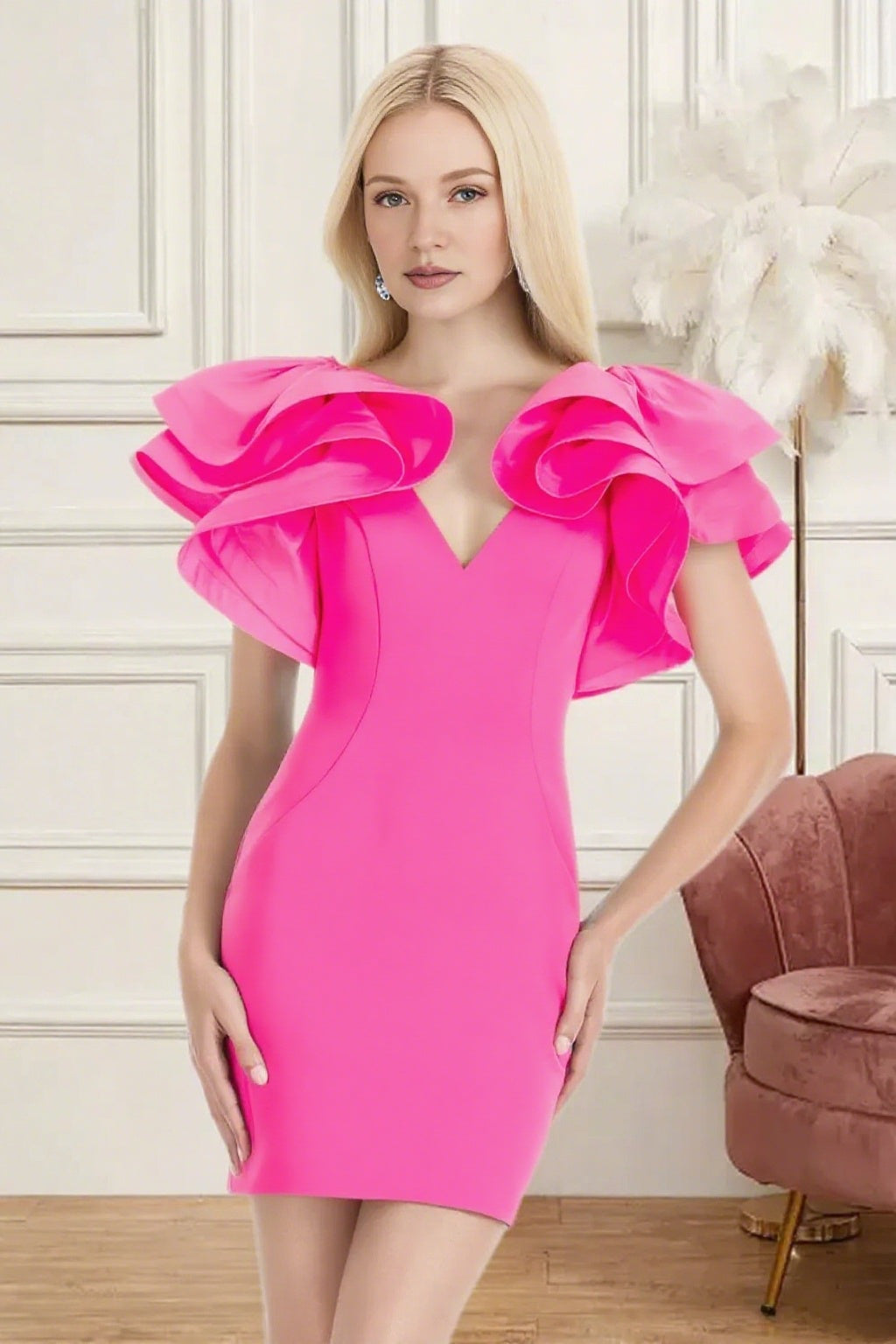 Dressime Fitted V Neck Ruffle Sleeve Mini Homecoming Dress