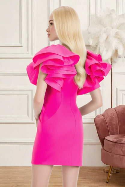 Dressime Fitted V Neck Ruffle Sleeve Mini Homecoming Dress