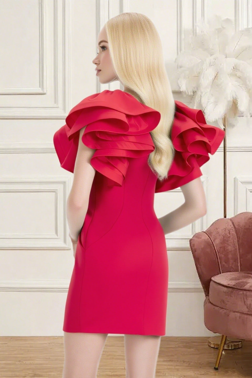 Dressime Fitted V Neck Ruffle Sleeve Mini Homecoming Dress