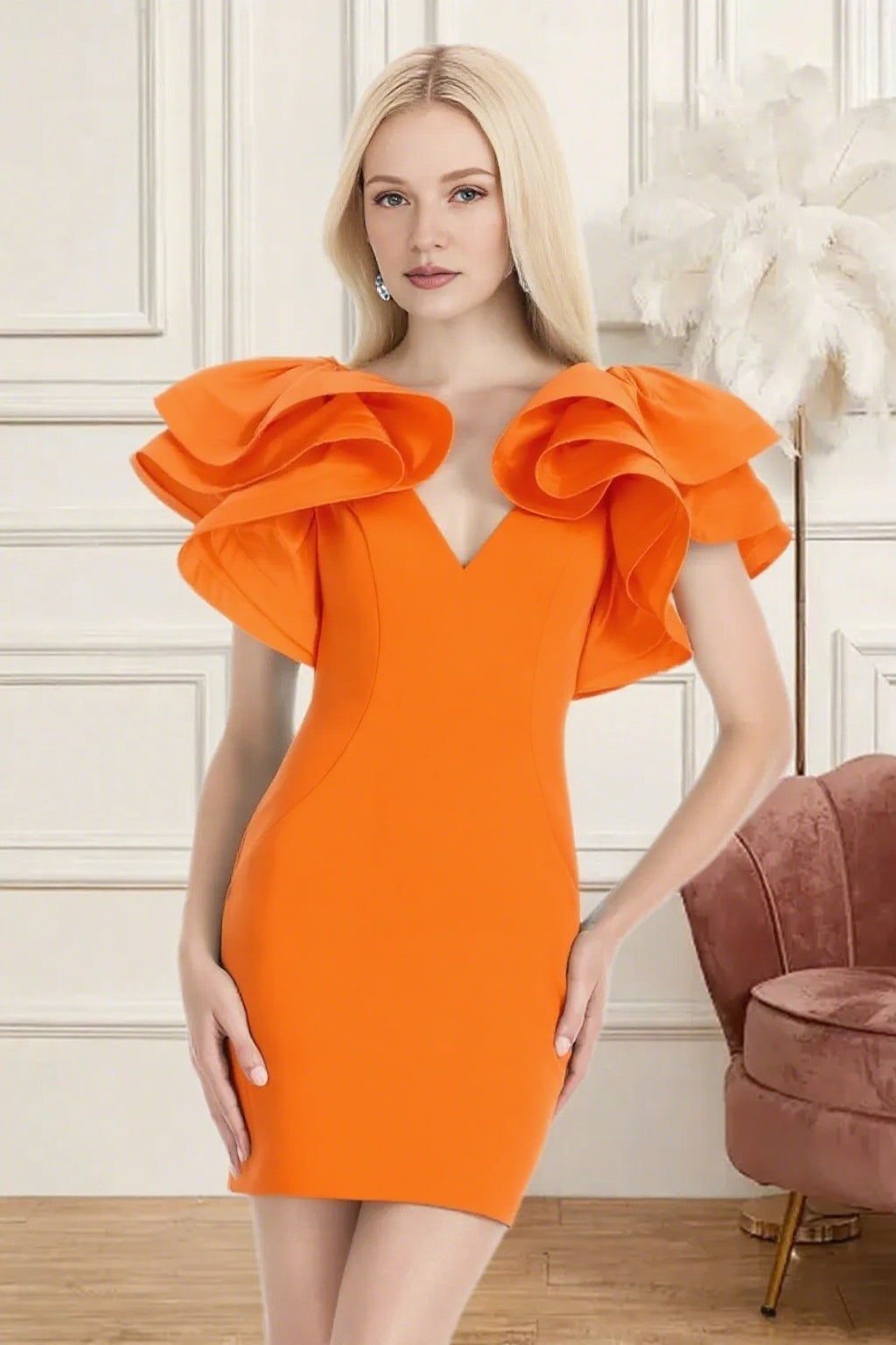 Dressime Fitted V Neck Ruffle Sleeve Mini Homecoming Dress