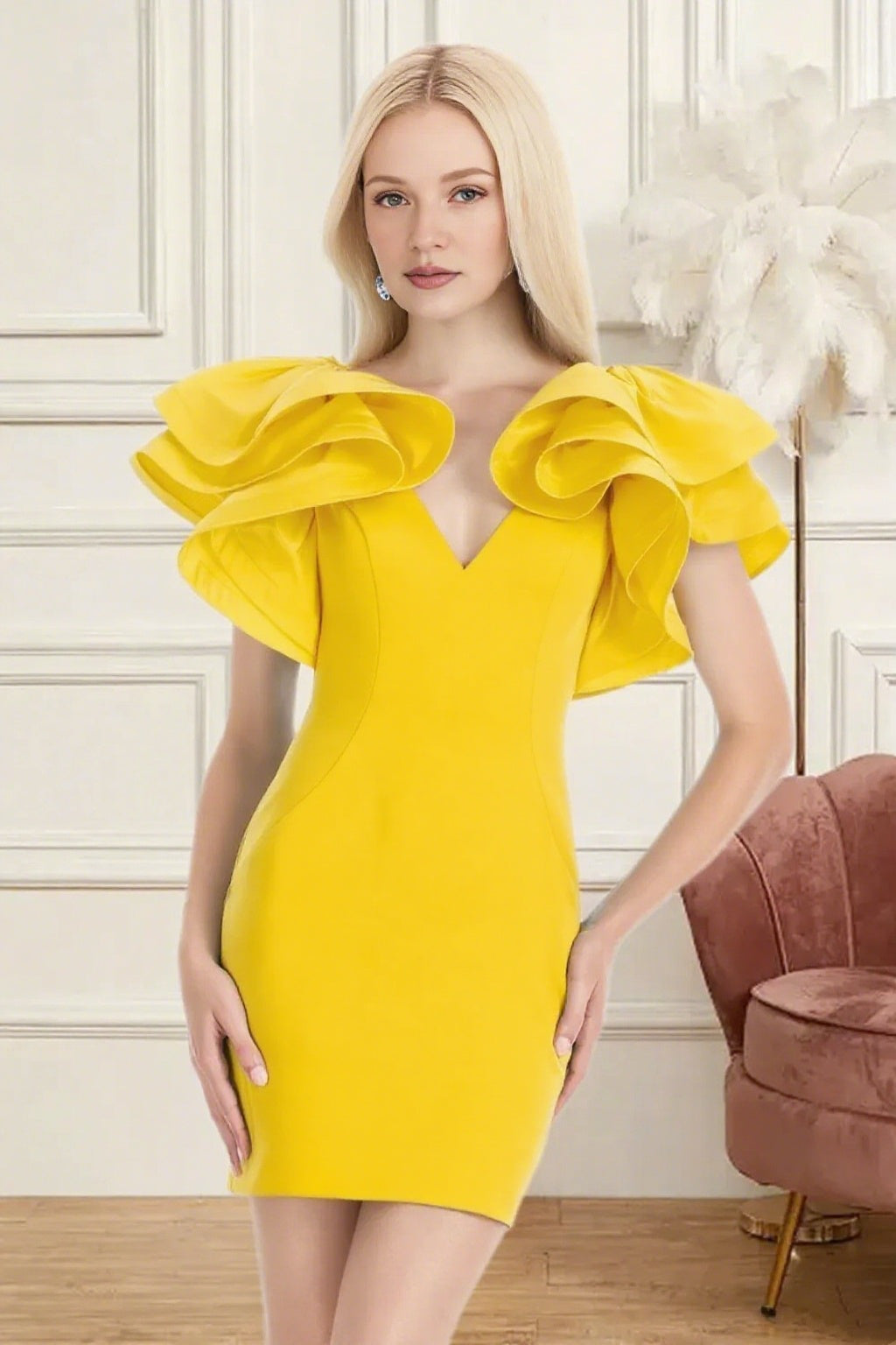 Dressime Fitted V Neck Ruffle Sleeve Mini Homecoming Dress