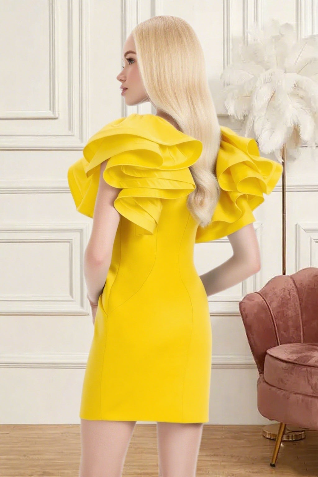 Dressime Fitted V Neck Ruffle Sleeve Mini Homecoming Dress