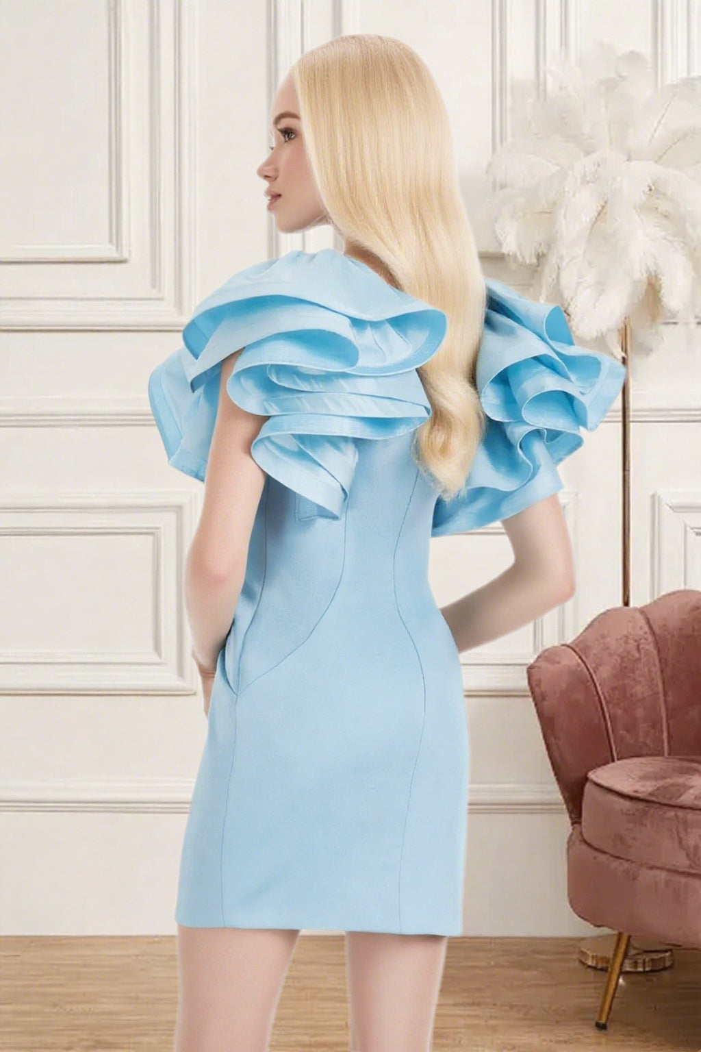 Dressime Fitted V Neck Ruffle Sleeve Mini Homecoming Dress