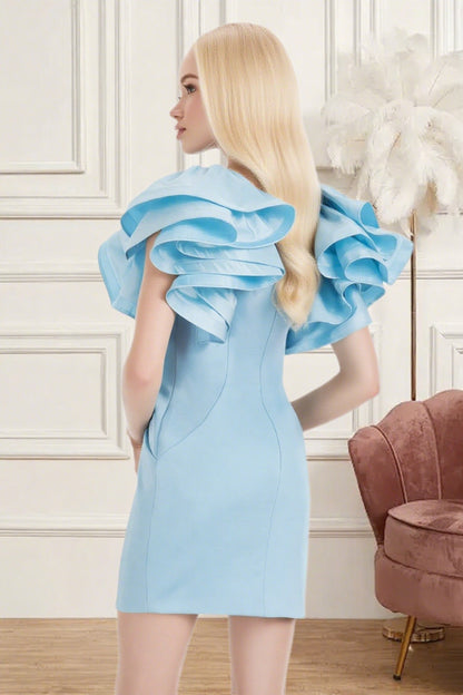 Dressime Fitted V Neck Ruffle Sleeve Mini Homecoming Dress