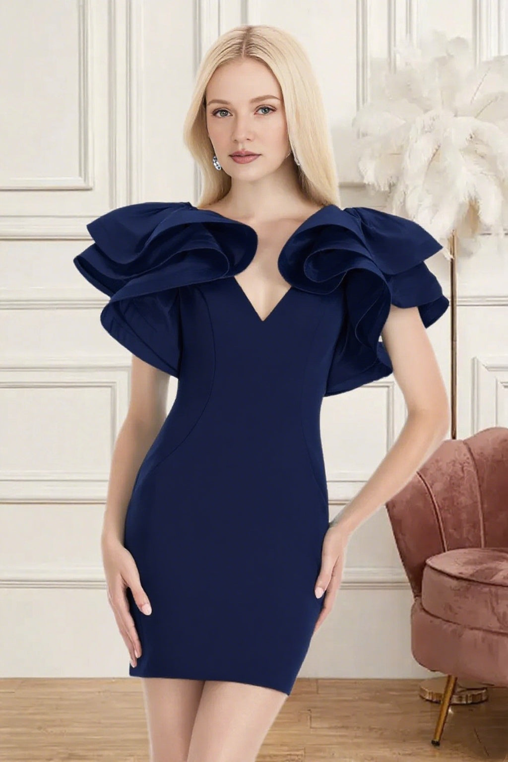 Dressime Fitted V Neck Ruffle Sleeve Mini Homecoming Dress