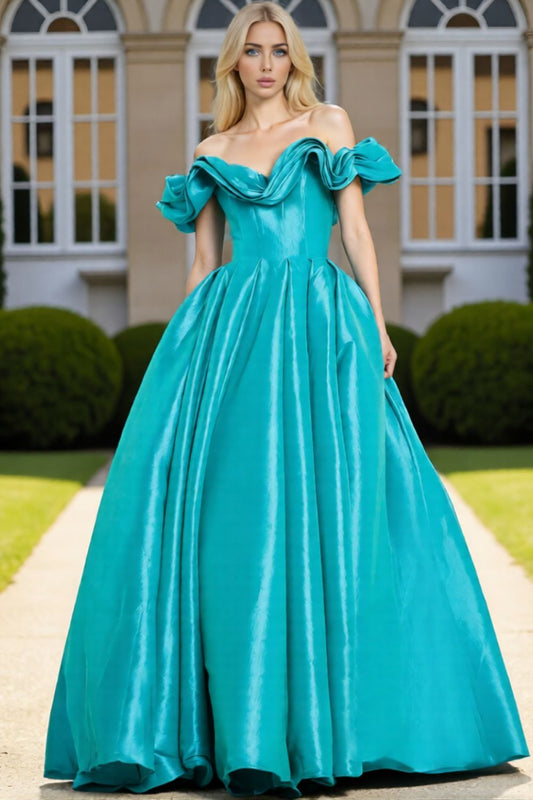 Dressime Flowing A Line Off The Shoulder Pleated Long Prom Dress