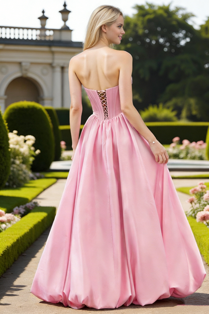 Dressime Flowing A Line Strapless Corset Satin Bubble Hem Long Prom Dress