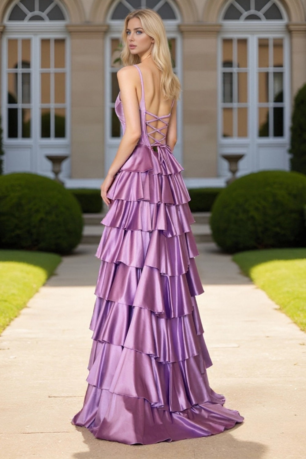 Dressime Flowing A Line Strapless Corset Satin Ruffles Slit Long Tiered Prom Dress