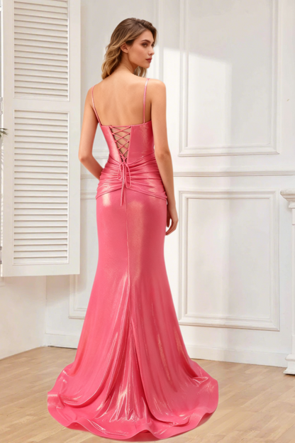 Dressime Glitter Mermaid Spaghetti Straps Metallic Pleated Corset Long Prom Dress With Beading