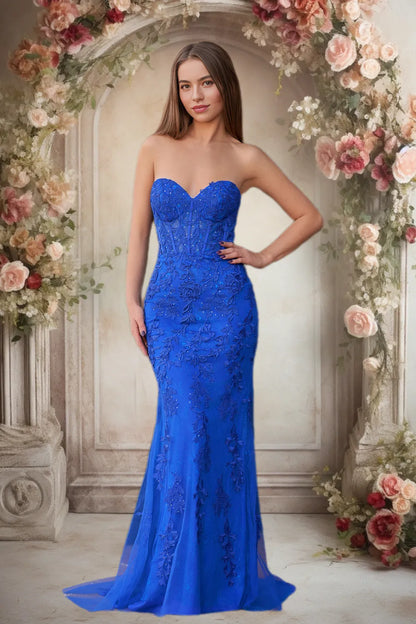 Dressime Lace Sweetheart Sleeveless Mermaid Appliques Prom Dresses