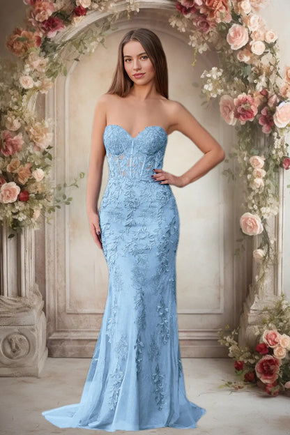 Dressime Lace Sweetheart Sleeveless Mermaid Appliques Prom Dresses