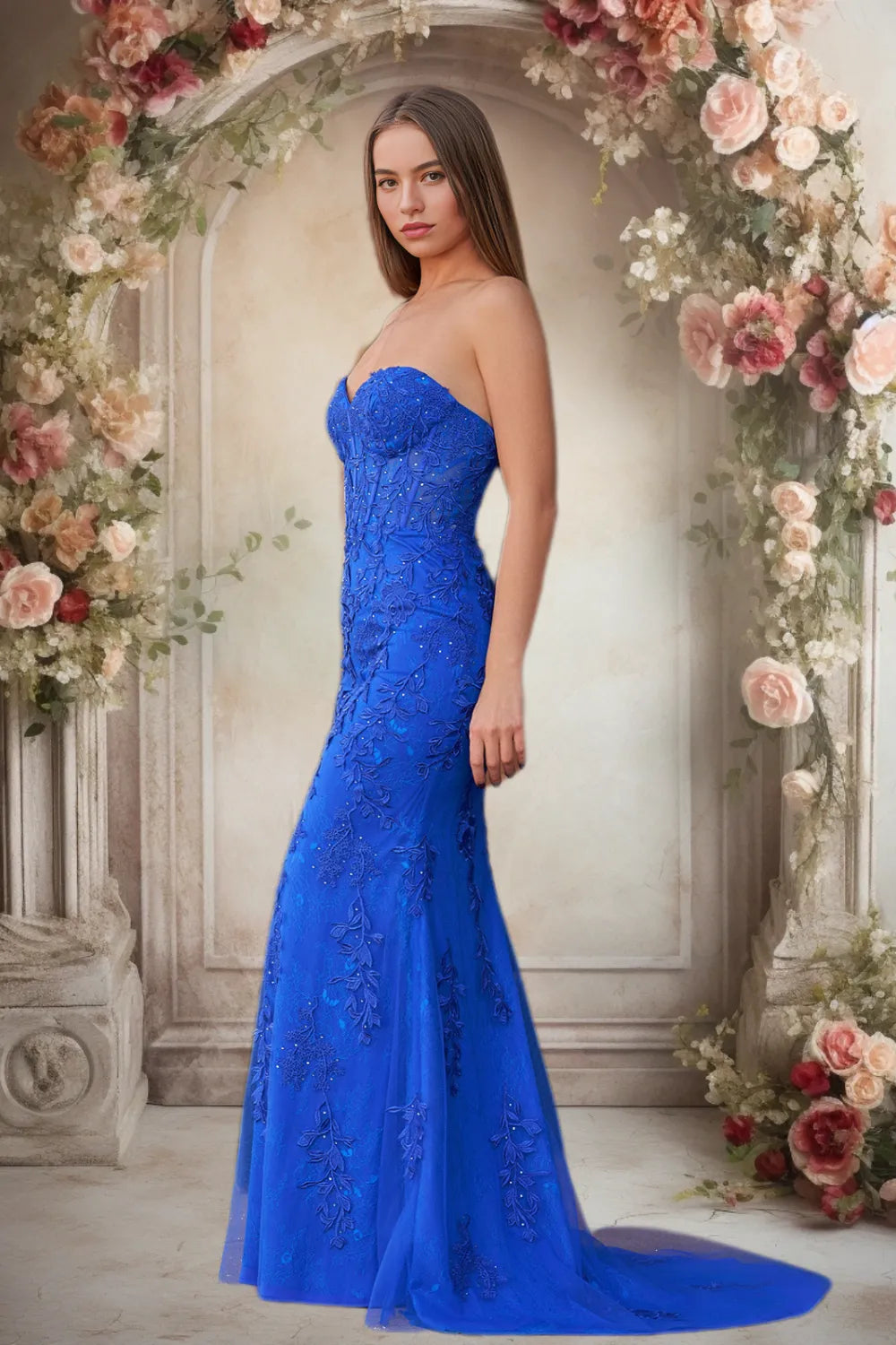Dressime Lace Sweetheart Sleeveless Mermaid Appliques Prom Dresses
