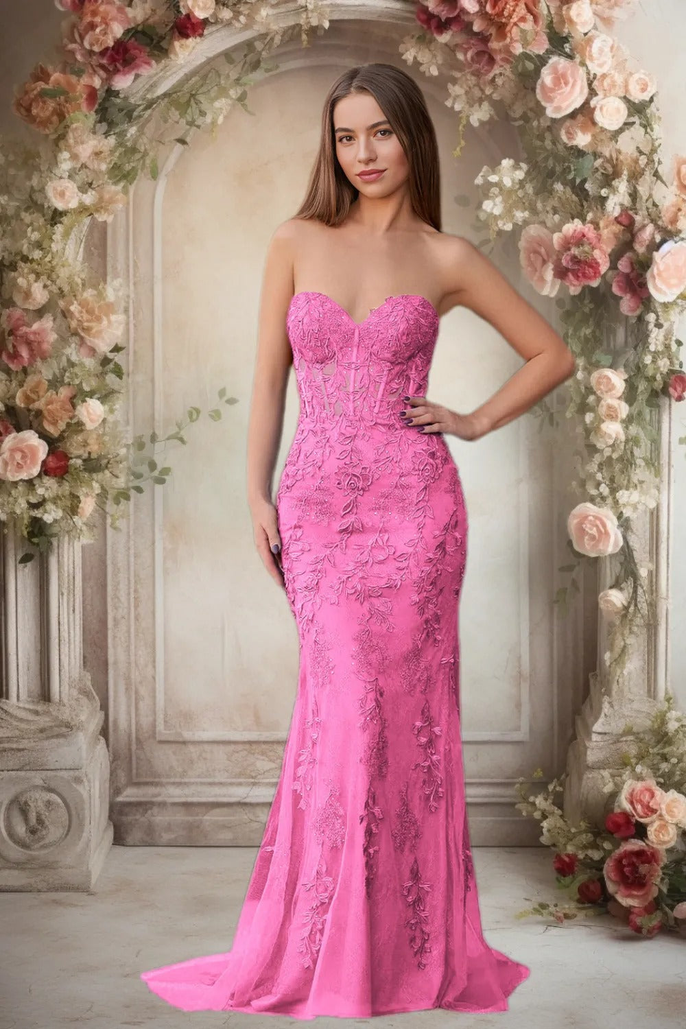 Dressime Lace Sweetheart Sleeveless Mermaid Appliques Prom Dresses
