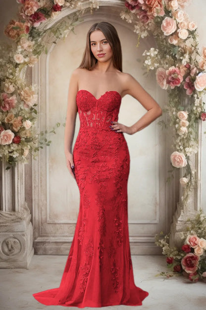 Dressime Lace Sweetheart Sleeveless Mermaid Appliques Prom Dresses