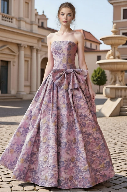 Dressime Luxurious A Line Strapless Corset Jacquard Bow Long Prom Dress
