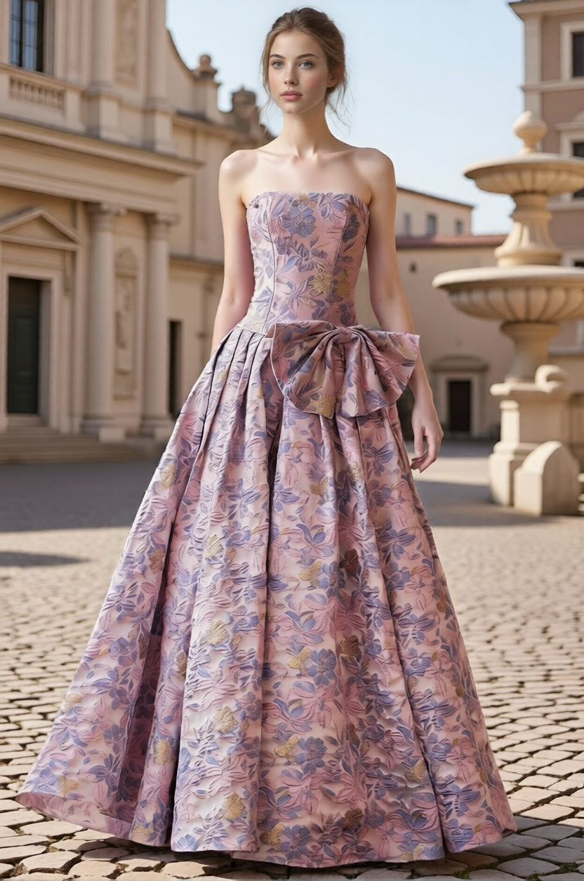 Dressime Luxurious A Line Strapless Corset Jacquard Bow Long Prom Dress