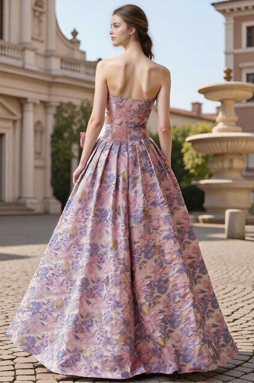 Dressime Luxurious A Line Strapless Corset Jacquard Bow Long Prom Dress