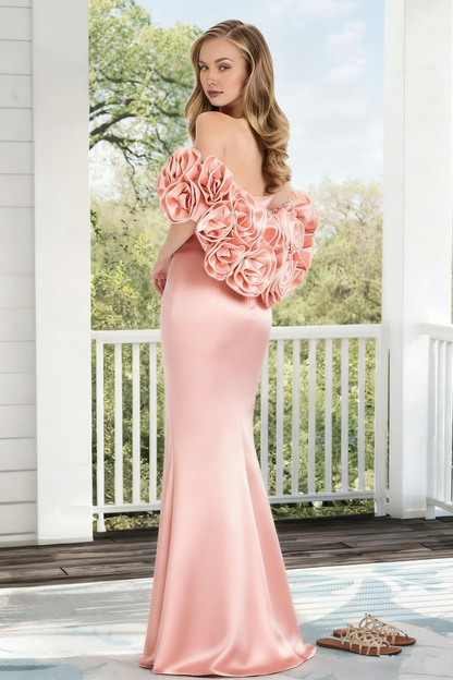 Dressime Mermaid Flowers Puff Sleeves Sweetheart Satin Long Prom Dress
