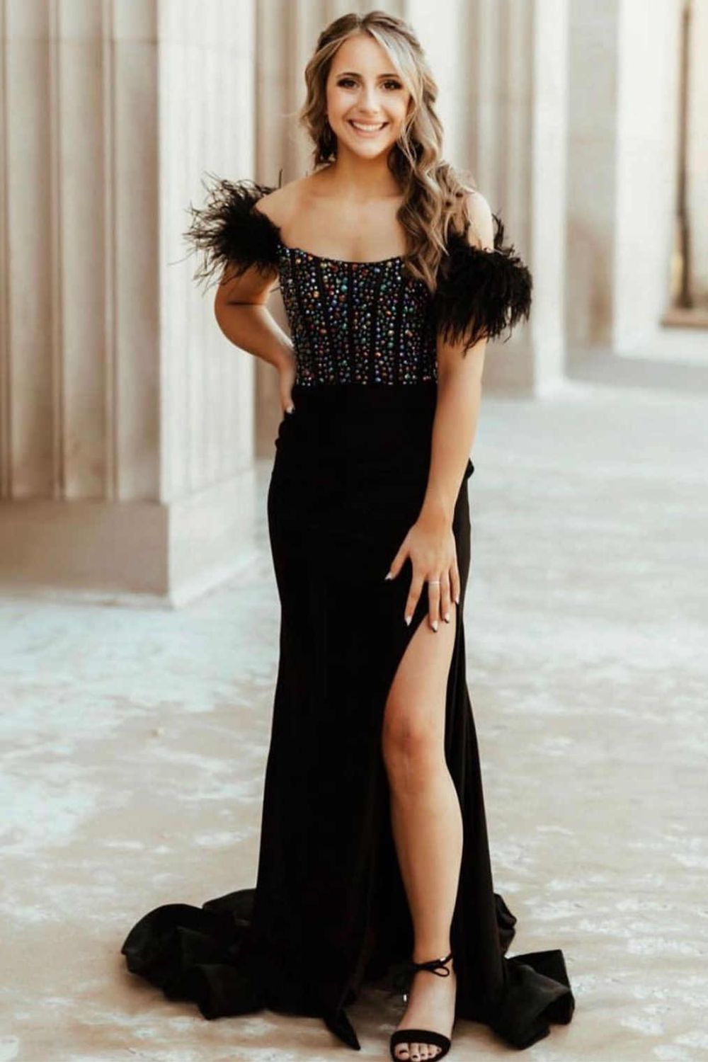 Dressime Mermaid Off The Shoulder Satin Beaded Side Slit Long Prom Dress With Feather