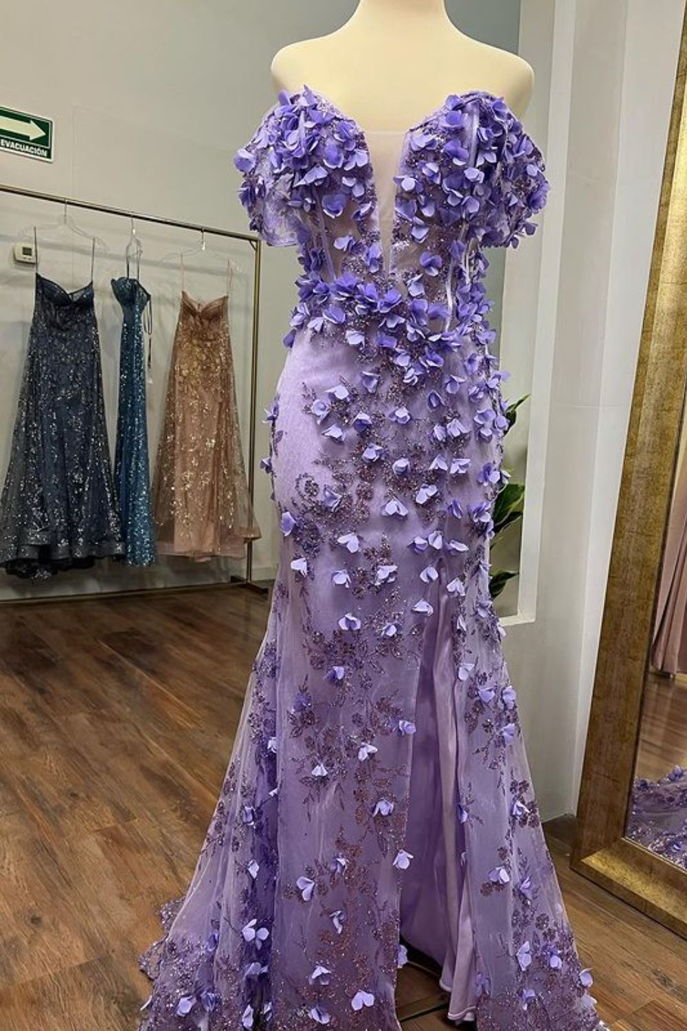 Dressime Mermaid Off The Shoulder Tulle Slit Long Prom Dress With Flowers