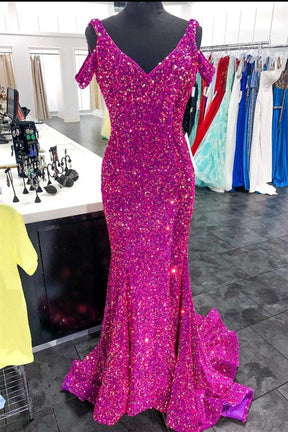 Dressime Mermaid Off the shoulder Sequin Long Prom Dress With Slit
