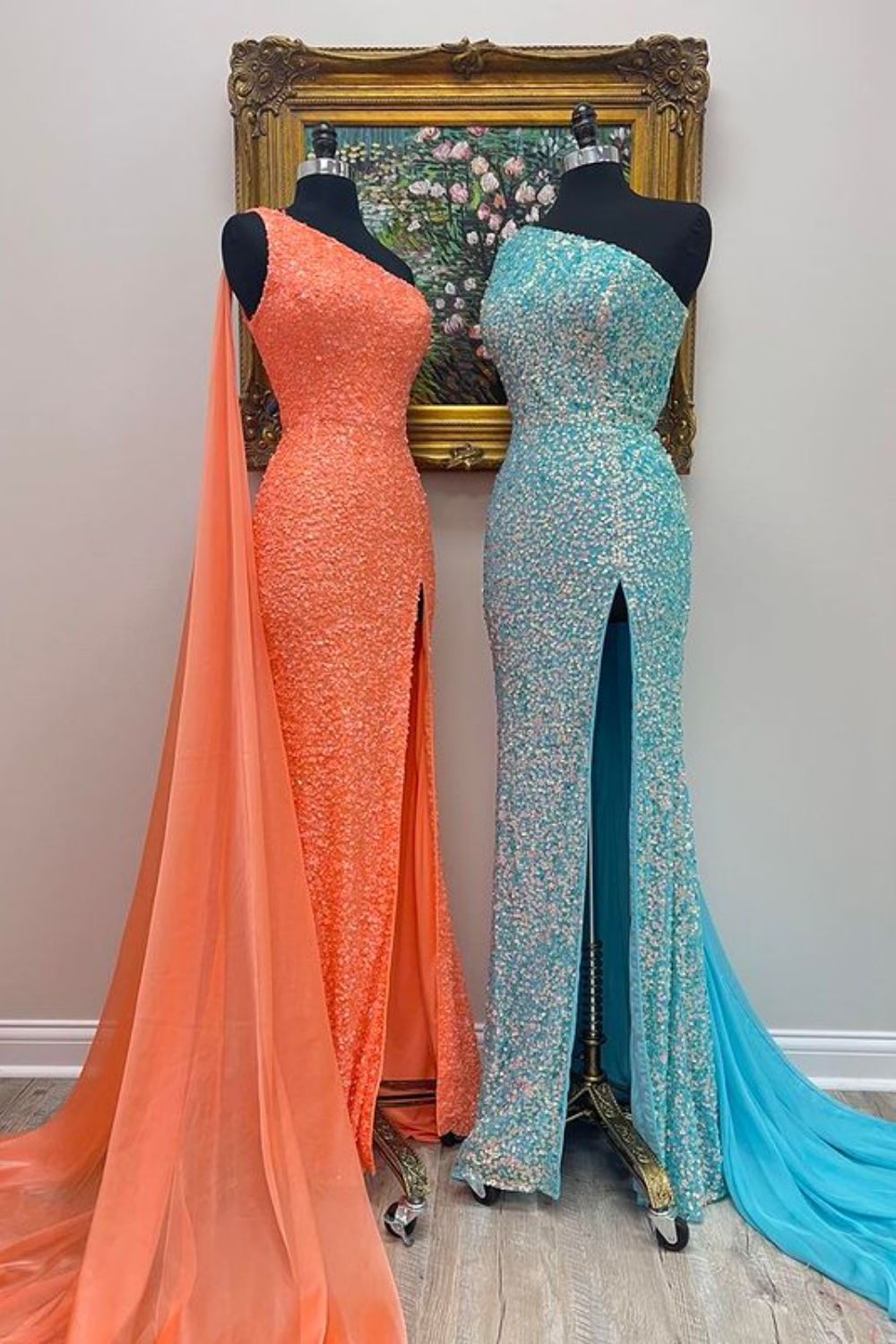 Dressime Mermaid One-Shoulder Sequin Slit Long Prom Dress with Train