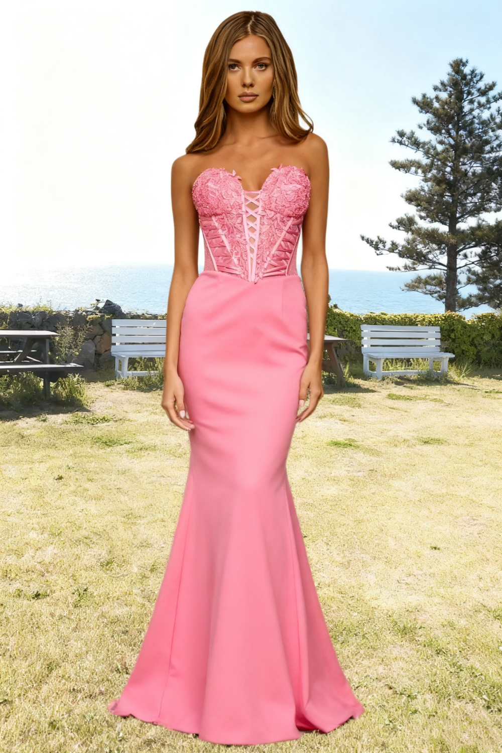 Dressime Mermaid Sweetheart Leaf Lace Corset Bodice Long Prom Dress