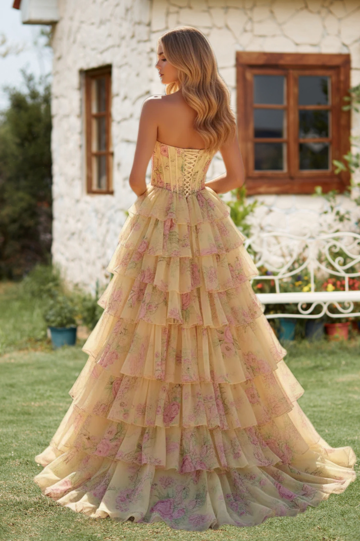 Dressime Woman's Modern Yellow Prom Dress A Line Strapless Corset Beaded Floral Printed Long Tiered Evening Dress With Slit dressime Dressime Woman's Modern Yellow Prom Dress A Line Strapless Corset Beaded Floral Printed Long Tiered Evening Dress With Slit dressime