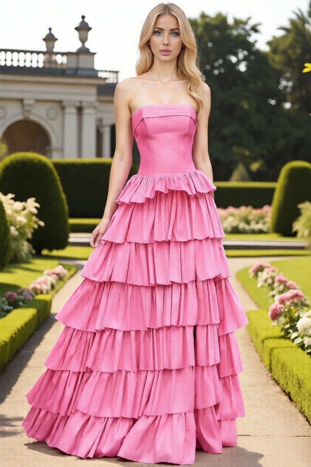 Dressime Popular A Line Strapless Satin Ruffles Long Tiered Prom Dress With Slit