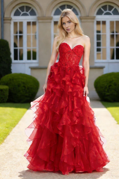 Dressime Romantic A Line Sweetheart Embroidered Corset Tiered Long Prom Dress With Ruffles