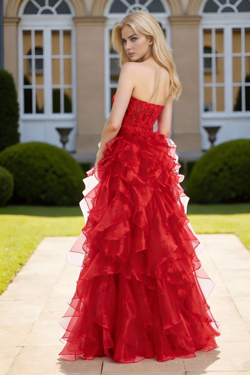Dressime Romantic A Line Sweetheart Embroidered Corset Tiered Long Prom Dress With Ruffles