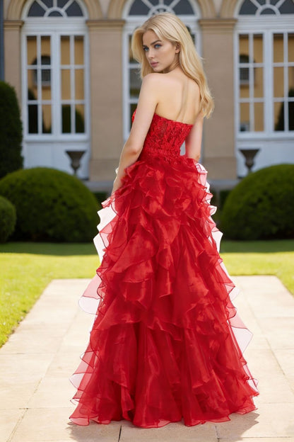 Dressime Romantic A Line Sweetheart Embroidered Corset Tiered Long Prom Dress With Ruffles
