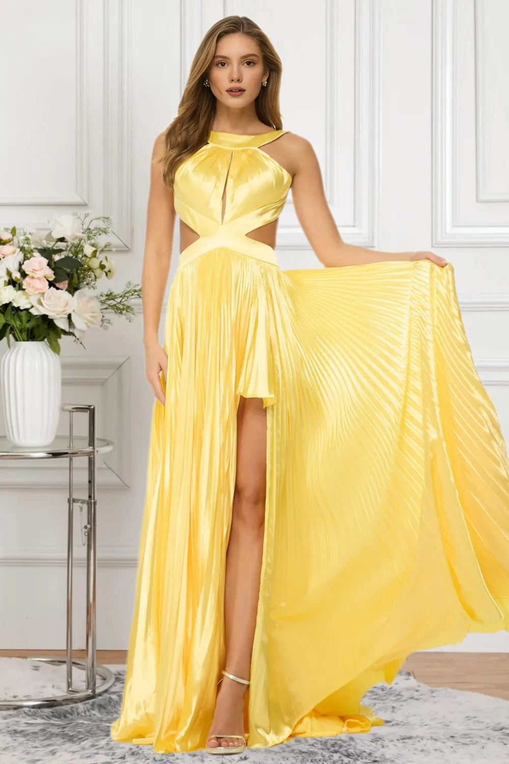 Dressime Women's Yellow Prom Dress Sexy A Line Halter Satin Keyhole Pleated Evening Dress dressime Dressime Women's Yellow Prom Dress Sexy A Line Halter Satin Keyhole Pleated Evening Dress dressime