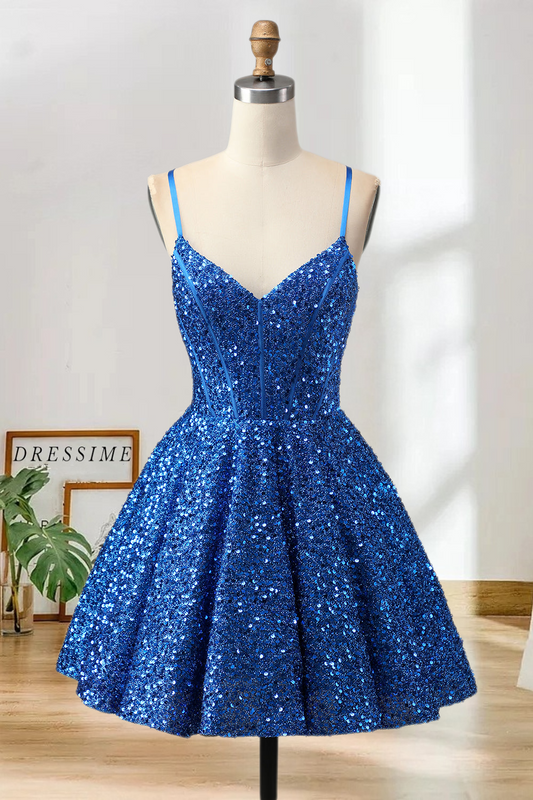 Dressime Shiny A Line Spaghetti Straps Sequins Corset Mini Cocktail Dress