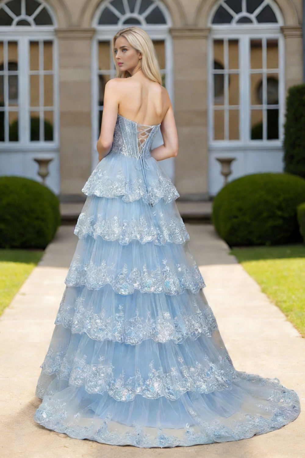 Dressime Shiny A Line Strapless Corset Tulle Ruffles Slit Long Tiered Prom Dress With Sequin Appliques
