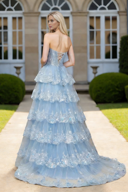 Dressime Shiny A Line Strapless Corset Tulle Ruffles Slit Long Tiered Prom Dress With Sequin Appliques